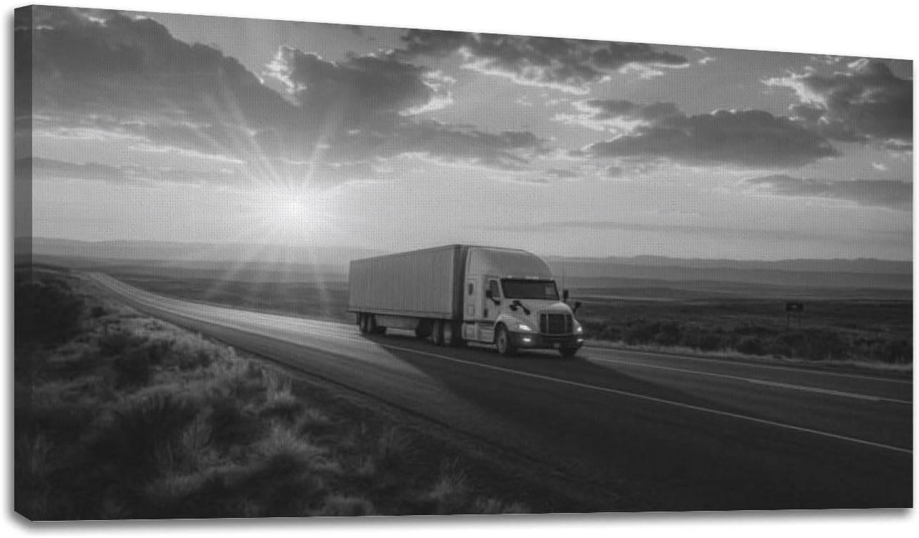 24"x 48" Canvas Wall Art Semi Truck an Interstate Highway Dusk Cloudscape Framed Pictures Painting Prints Large Black and White Wall Art for Living Room Bedroom Abstract Home Wall Decor Artwork