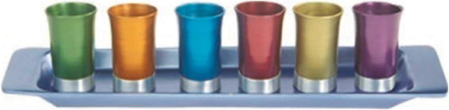 Yair Emanual Set of 6 Small Kiddush Goblets Cups with Tray Aluminum Multicolor Judaica (GS-6A)
