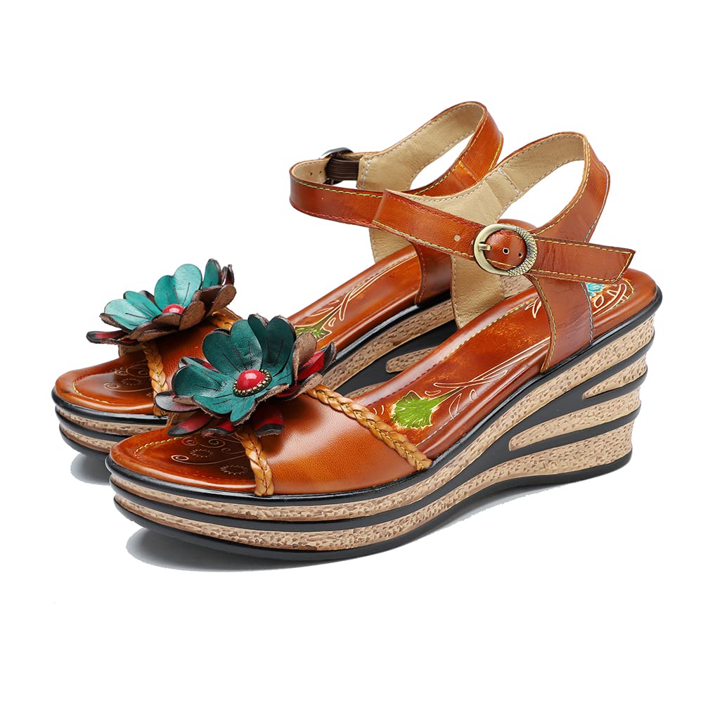 CrazycatZWomen Leather Wedged Sandals Block Heels Roman Sandals Colorful Floral Vintage Sandal