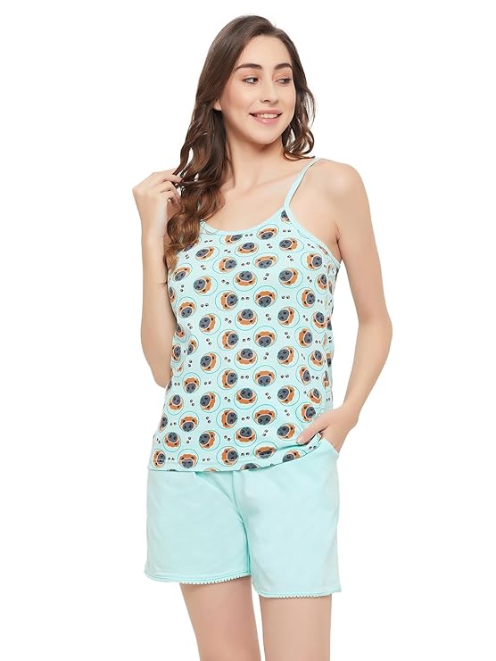 Clovia Womens Cotton Printed Cami Top and Basic Shorts Set in Blue at Rs. 399