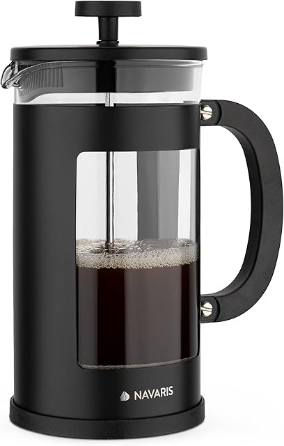 Navaris French Press Coffee Maker - 1000ml 8 Cups Cafetiere Espresso Presser with Coffee Plunger, Filter, Borosilicate Glass Jug, Handle - Black