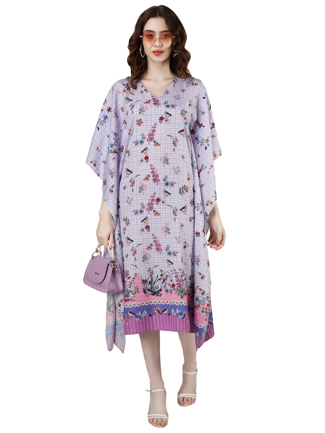 sukshat Women's Polyester Floral Bird Purple Humming Kaftan-picture-29
