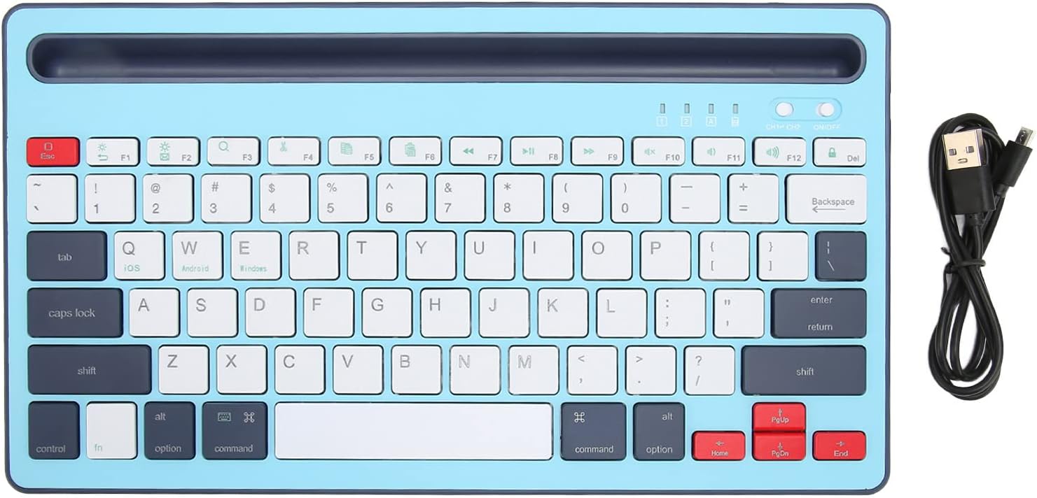 Teclado Bluetooth Inalámbrico, Teclado Plano con Teclas Silenciosas de Ergonomía Recargables, Respuesta Rápida y Control Sensible Teclas de Película Ligera, Plug and Play (Cielo Azul)