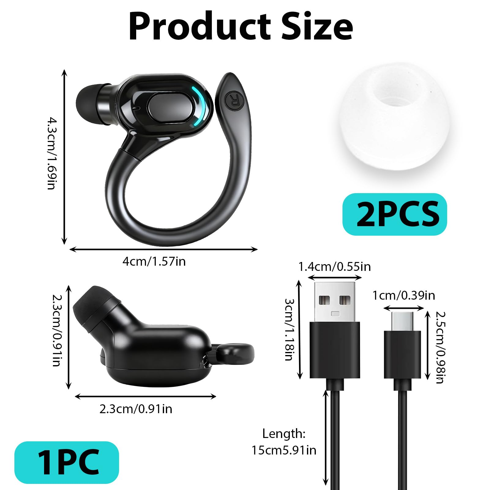 Oreillette Bluetooth sans Fil V5.2, Écouteur Mono Tour d'oreille 360° avec Micro Intégré, Main Libre Bluetooth 20h de Lecture pour iPhone Android PC Bureau Conduite Affaires Sport