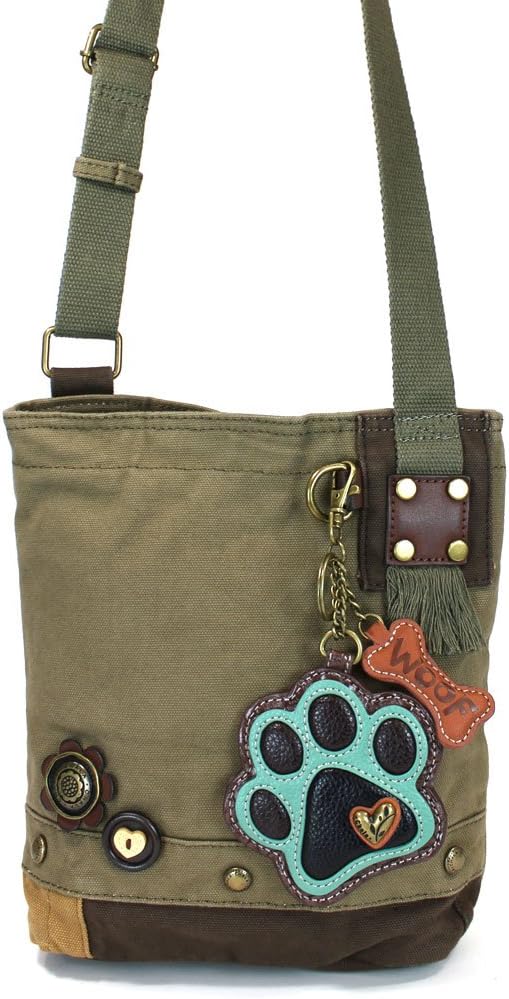 CHALA Patch Cross-Body Women Handbag, Canvas Messenger Bag - Teal Paw Print Olive