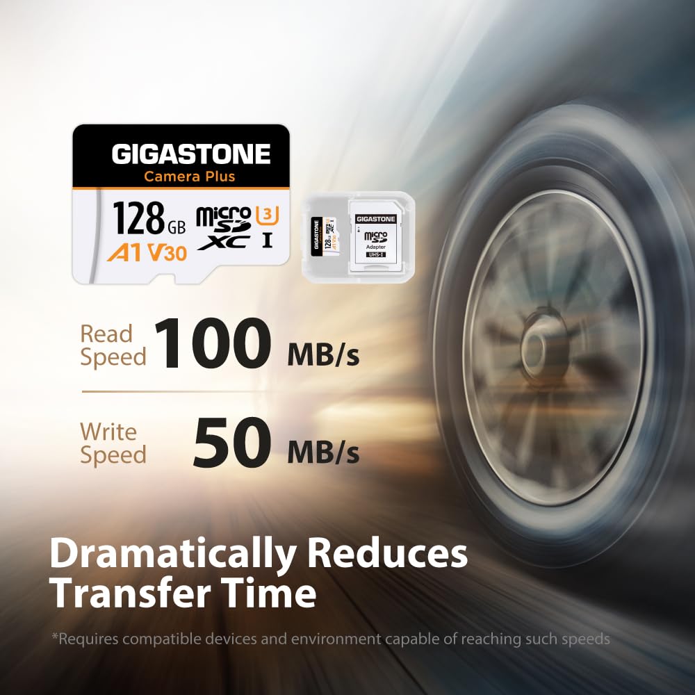 GIGASTONE 128GB Scheda Micro SD, Camera Plus, Action Camera, Sports Camera, 100MB/s, Registrazione Video 4K, Scheda di Memoria MicroSDXC UHS-I A1 V30 U3