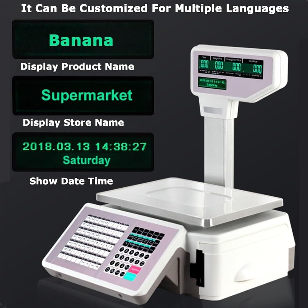 Digital Weight Price Scale,Commercial Double-Sided LCD Screen Label Printing Scale Price Computing Scale with Label Printer for Weighing