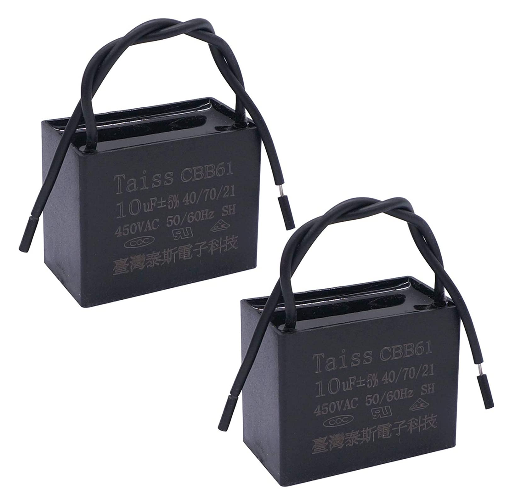 CBB61 - Condensador de ventilador de techo de 4.5uf para New Tech 2 cables, 50/60Hz 450VAC (tamaño: 2pcs-10uf)