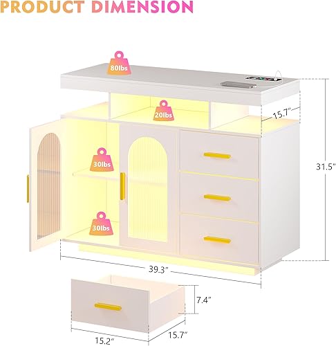 Miniatura 9 de Gabinete de buffet LED con estación de carga inalámbrica de 40 pulgadas, moderna mesa de aparador con RGB 24 colores regulables, estación de barra