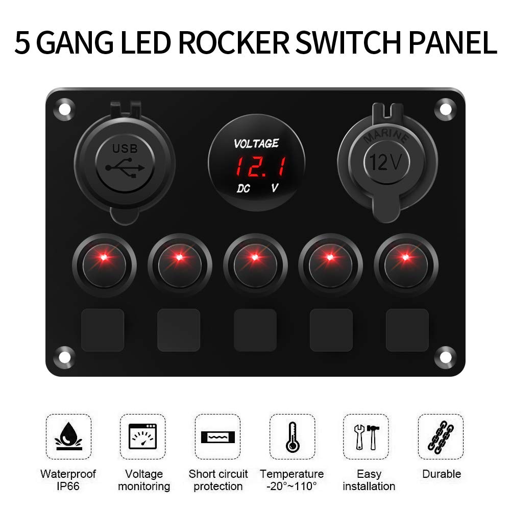 KAOLALI Interruptor de Palanca 5 Interruptores 12V/24V, 4,2A Cargador Coche Doble Puerto LED, Enchufe de Encendedor de Cigarrillos, IP65 Impermeable para Barco, Coche, RV, Autocaravana, Yate (Rojo)