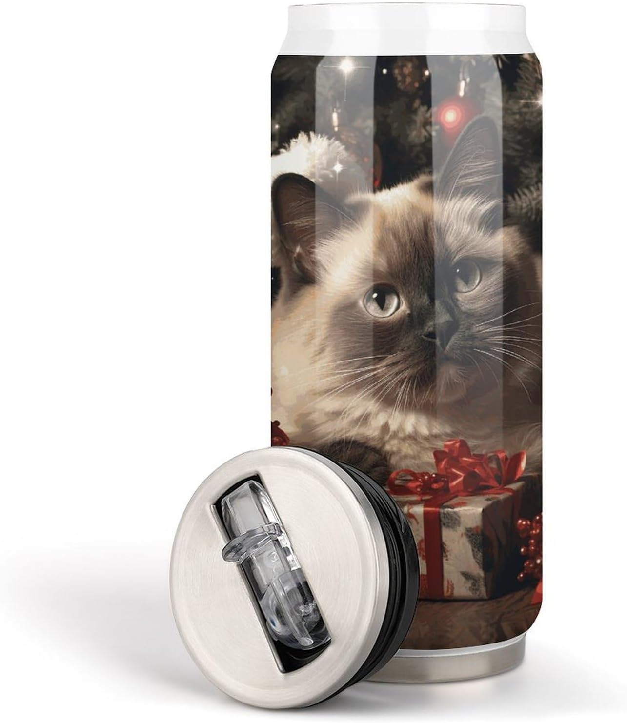 Stainless Steel Cups Christmas Siamese Cat Printed Coke Cup Stainless Steel Insulated Cups with Lid And Straw