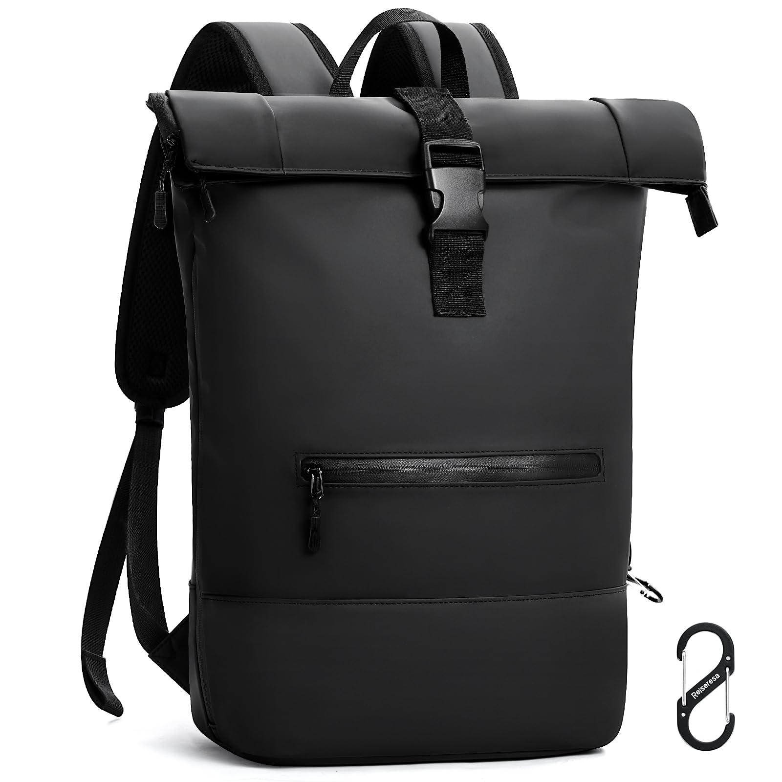 Reiseresa Rolltop Rucksack Herren Damen Wasserdicht Große Laptop Rucksack Reiserucksack mit Multifunktionale Kletterschnalle für Reisen, Arbeit, Uni Schule (Schwarz-1)