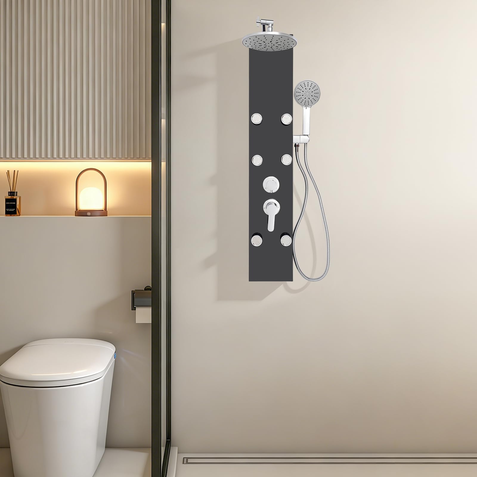 Duschpaneel mit 6 Massagedüsen Kopfbrause Handbrause Wandmontage Edelstahl Schwarz