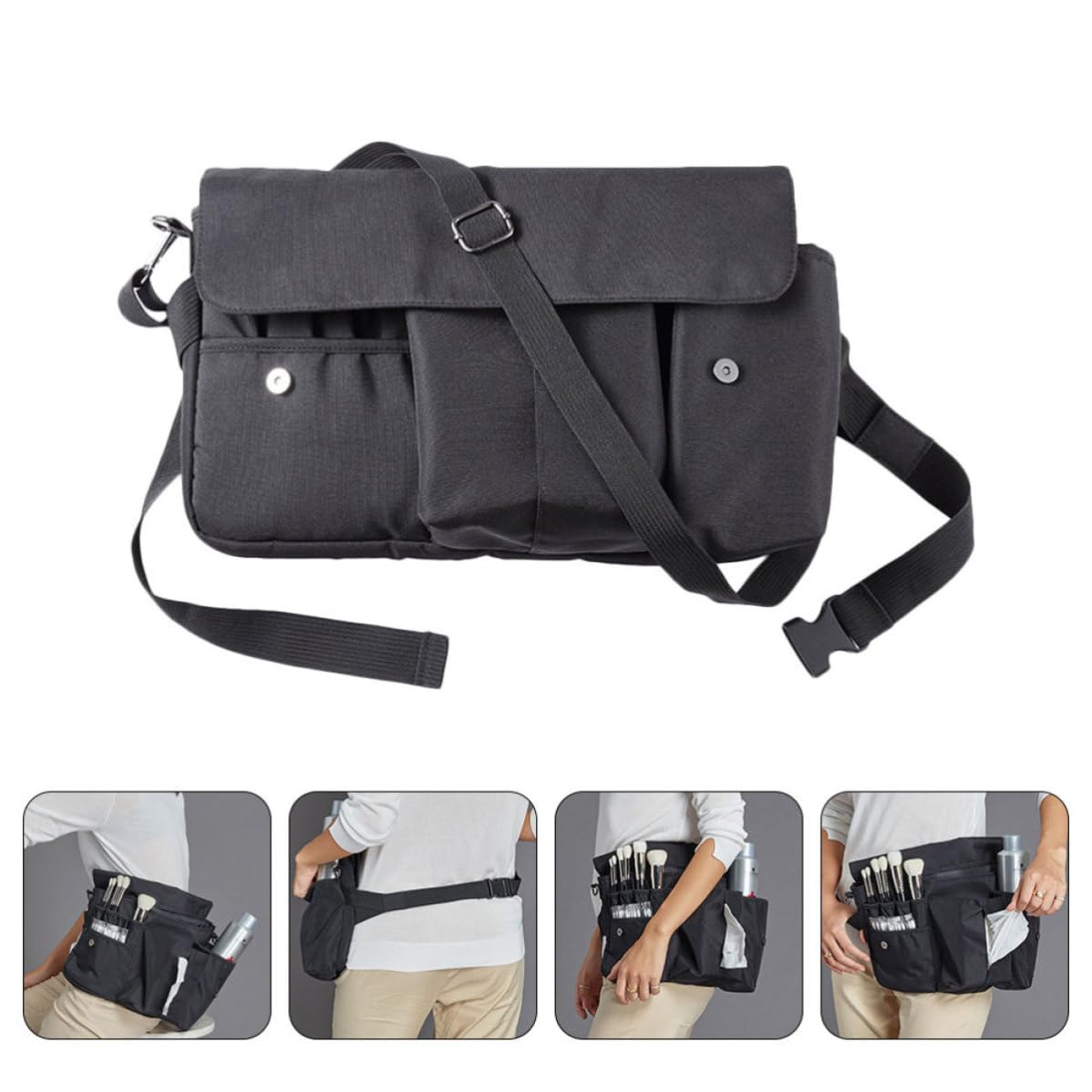 Tofficu Borsa Cosmetica da Viaggio in Tela Nera Ampio Spazio e Cinturino Portatile, Organizer per Pennelli Trucco Pratica dal Design Creativo