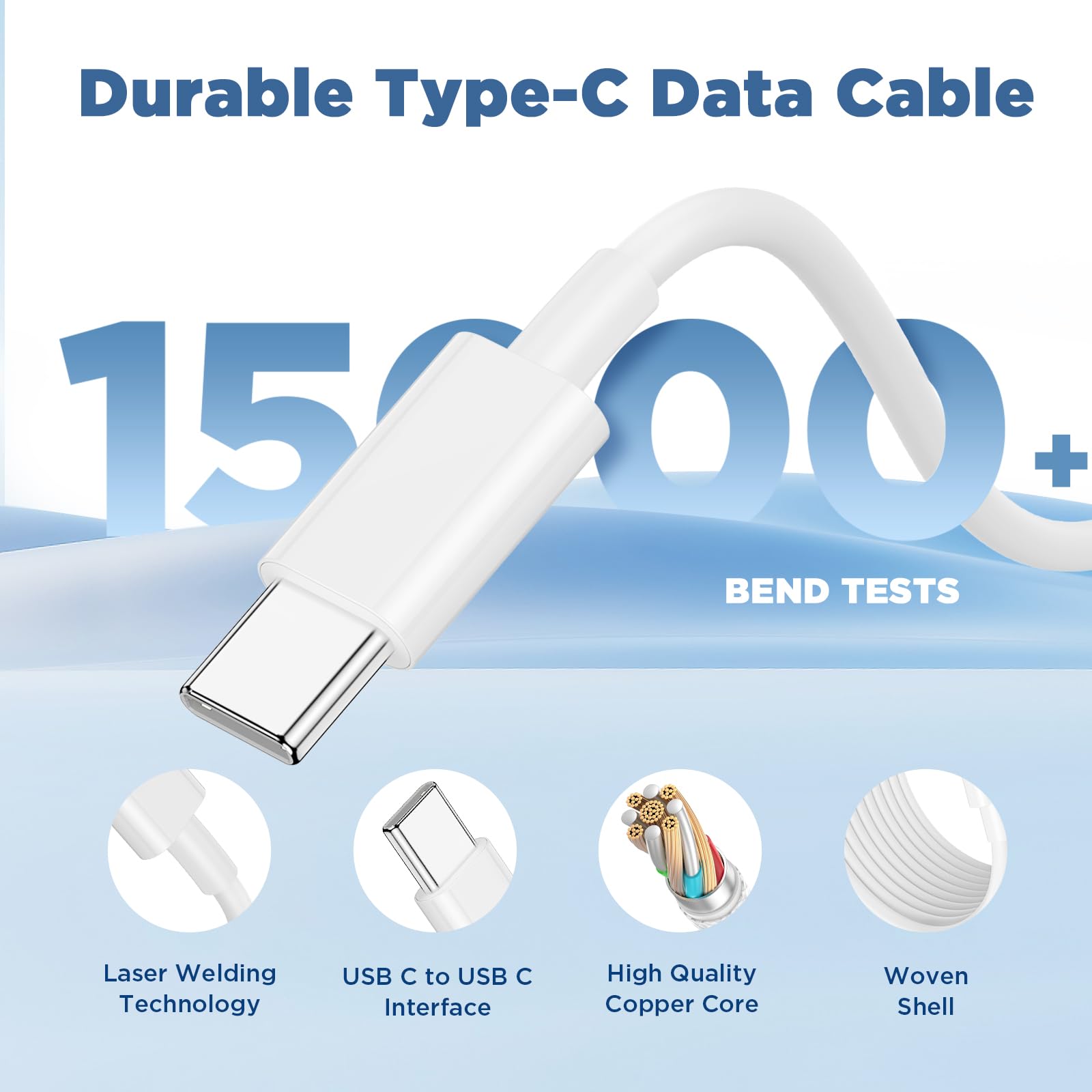 Cable largo USB C a USB C de 15 pies para iPhone 16 15 Pro Max, 60 W de carga rápida tipo C a tipo C para iPhone 16 15/16 15 Plus/16 15 Pro, iPad Pro/Mini/Air, MacBook, Galaxy S25 Ultra S24-blanco