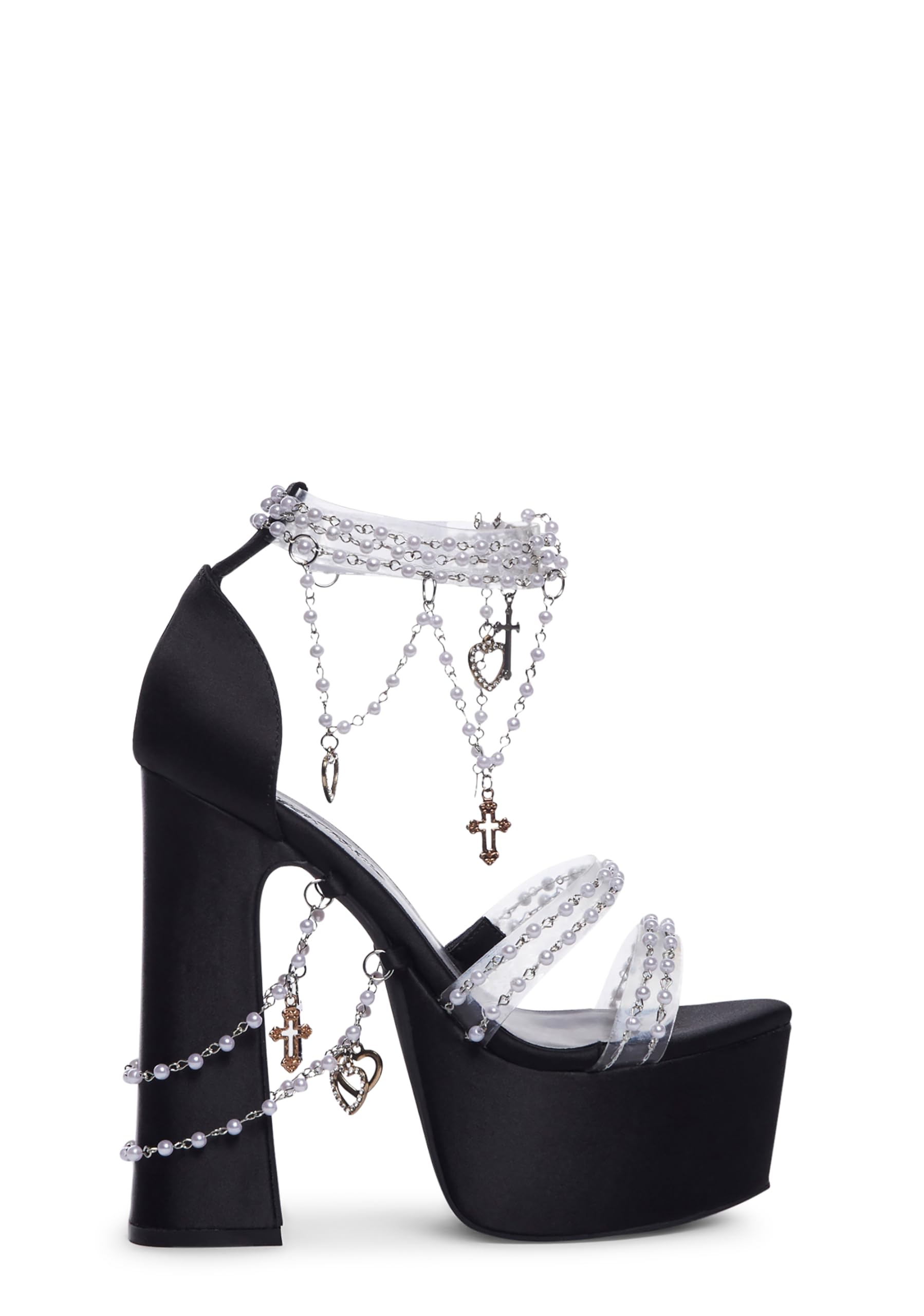 Dolls Kill Holy Revelation Platform Heels by Sugar Thrillz, Velvet Heels with Pearl Beads & Adjustable Straps