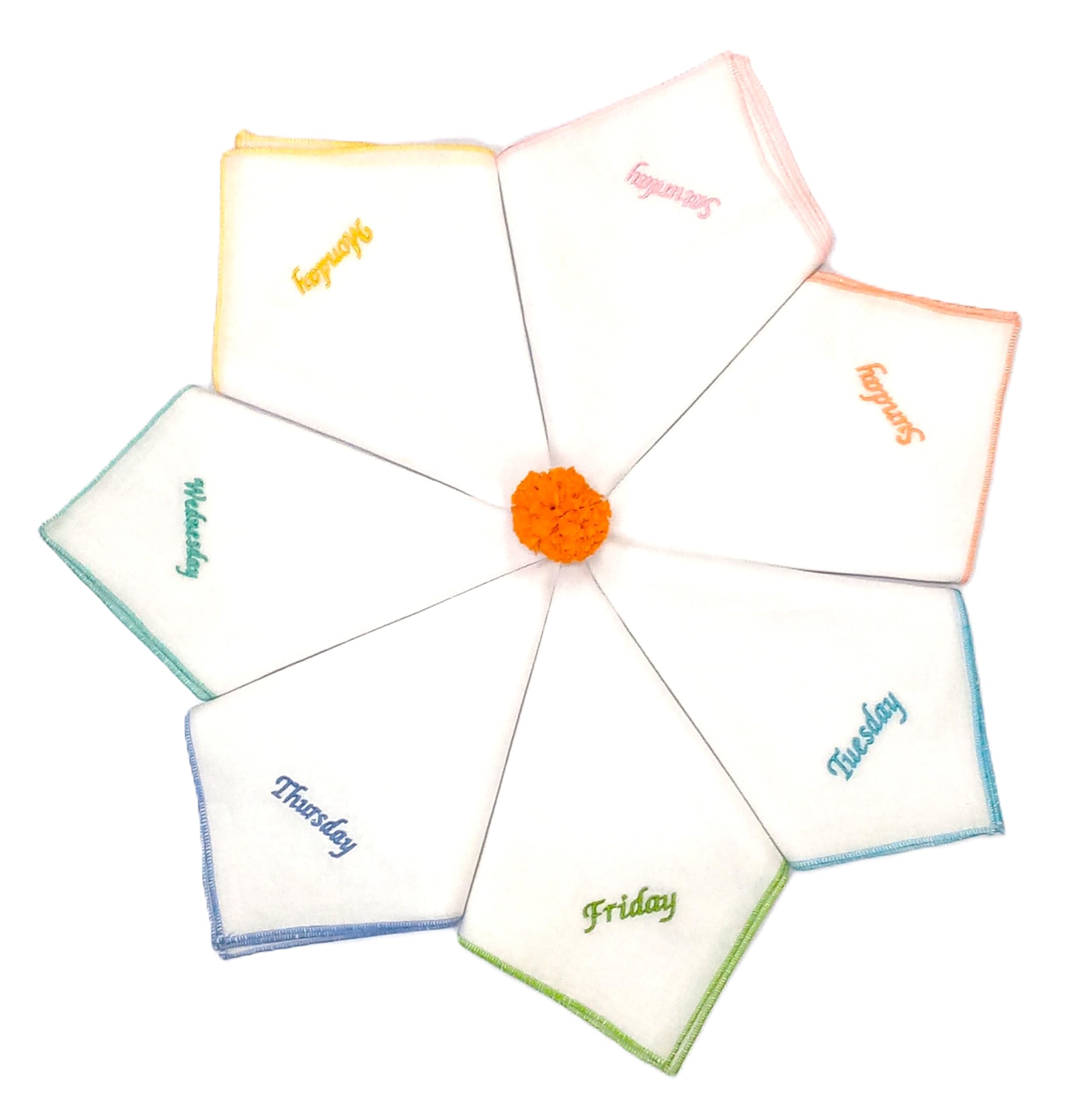 100% Cotton (Compact Yarn) Weekdays Embroidery Handkerchief For Kids Girls and Boys- (Size :- 33 cms * 33 cms) (Pack of 6 + 1 Free) - Gift Pack