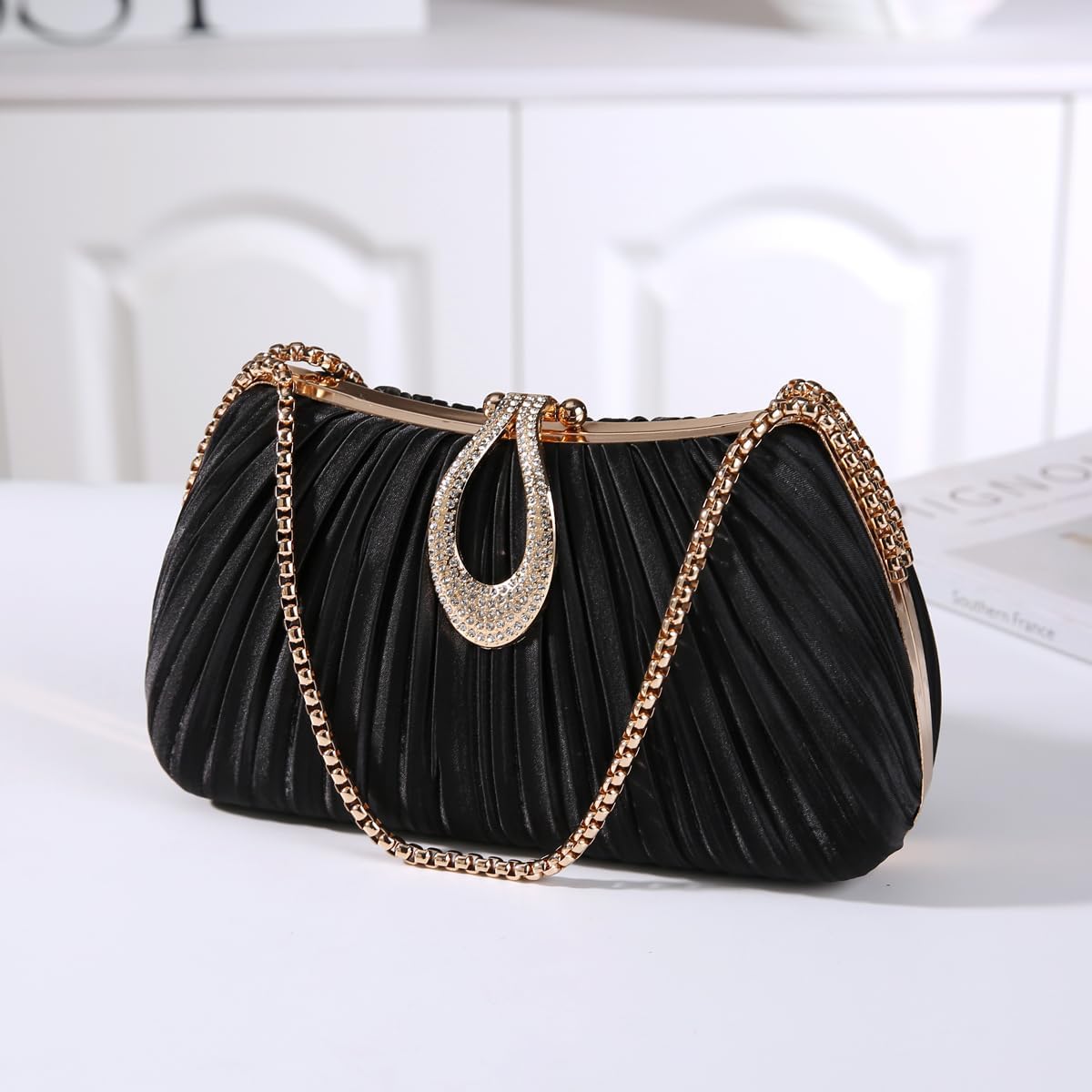 Dreubea Elegant Evening Bag with Crystal Lock & Dual Chains - Soft Clutch for Women image 5