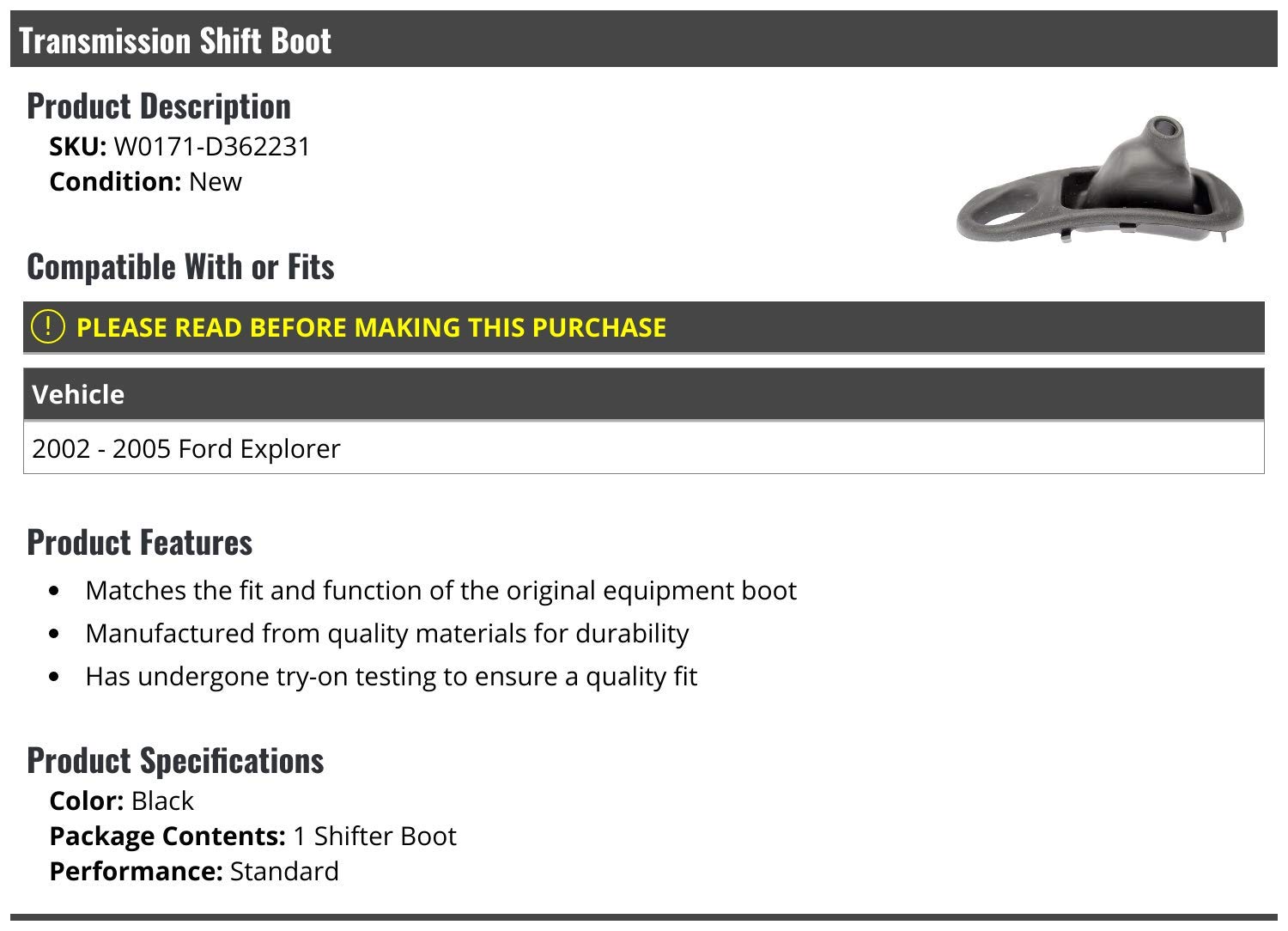 Transmission Shift Boot - Compatible with 2002-2005 Ford Explorer