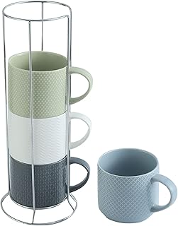 Hasense Stackable Porcelain Coffee Mugs Set of 4 with Metal Stand, 15 Ounce Embossed Cappuccino Cups for Specialty Coffee Drinks and Tea, Multi Color