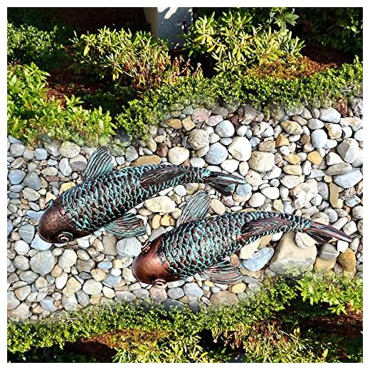 Garden Sculptures & Statues,Koi Fish Decor,Garden Fish Art,Set of 2 Antique Ceramic Koi Fish Yard Art Decor,Glowing Garden Fish at Night,for Outdoors,Patio,Yard,Lawn,Pond,Home Decoration (Bronz)