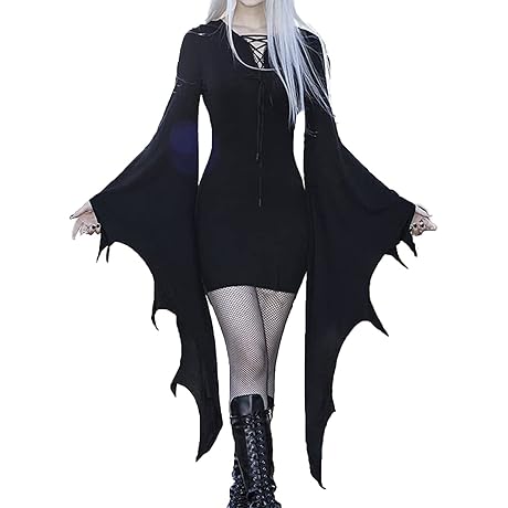 Womens Halloween Costumes Sexy Bat Sleeve Dress Gothic Vintage Mini Wrap Dress...