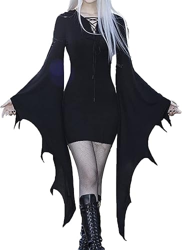 Disfraces de Halloween para mujer, vestido sexy de manga murciélago, gótico, vintage, mini vestido cruzado, vestido de fiesta de manga larga