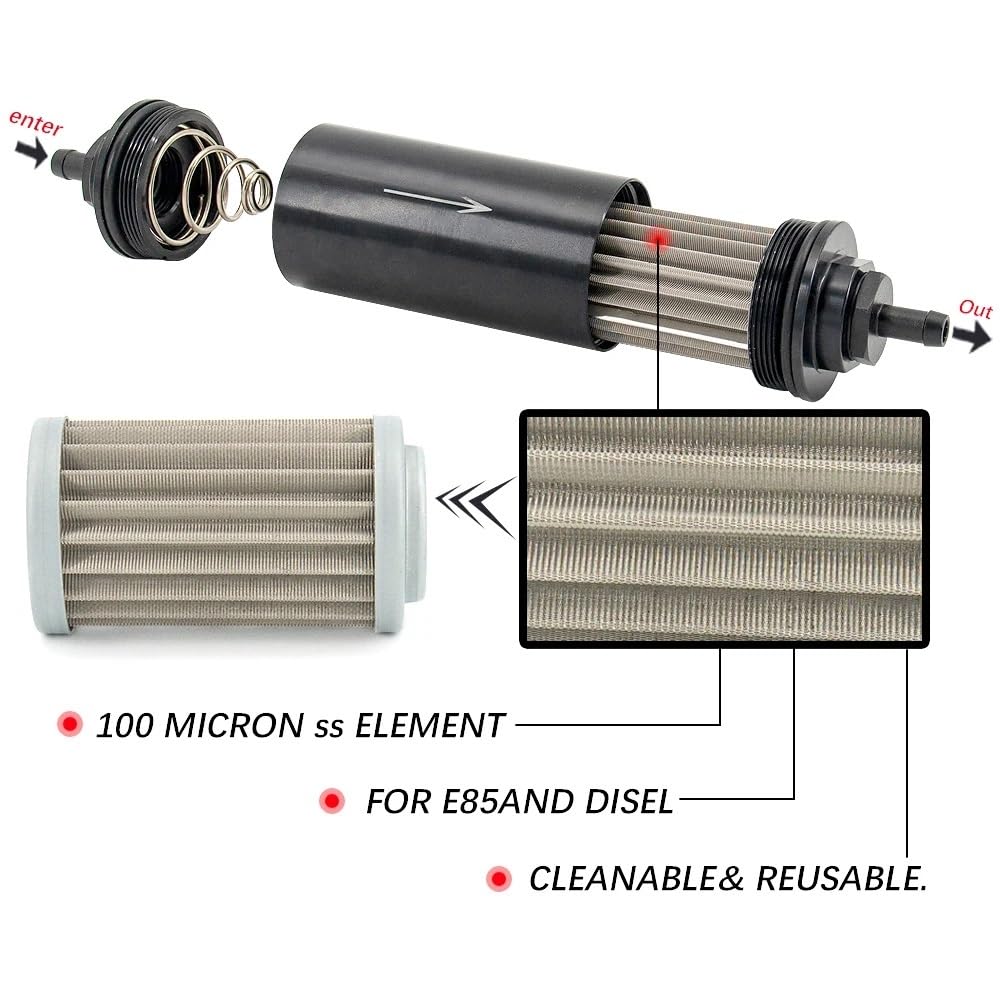 Filtro de combustible Filtro de combustible 2 pulgadas, filtro acero inoxidable E85 con elemento 100 micras, accesorios adaptadores AN6 AN8 AN10 9MM(RFFS-AN10-BK)