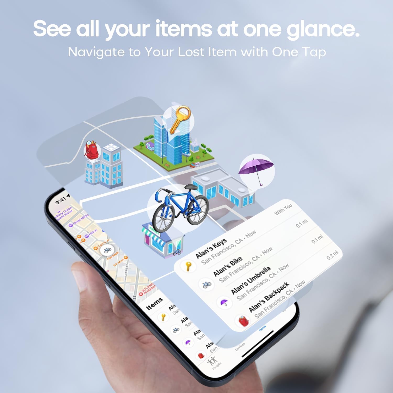 iPhone screen showing multiple items tracked on a map, including keys, a bike, an umbrella, and a backpack, all with Dekala T2 Pro Smart Tag Trackers.