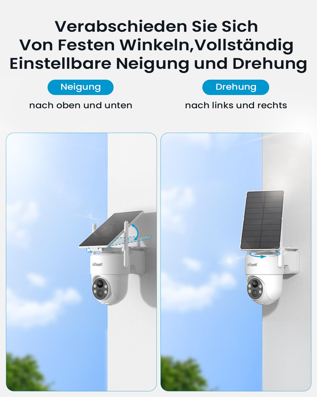 ieGeek 2K/3MP Überwachungskamera Aussen Solar: Kamera mit Akku, 2.4GHz WLAN | 360° PTZ Kamera Überwachung Aussen, Einfache Installation, PIR Bewegungsmelder, Farb-Nachtsicht, 2-Wege-Audio, IP65, S5