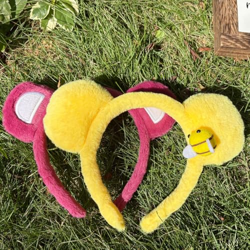 Plush Bear Ears Headband 2 Pcs – Yellow/Rose Red Ears for Birthday Party Gifts and Photo Props for Kids and Adults. Cute Accessories for Cosplay, Parties, and Makeup.