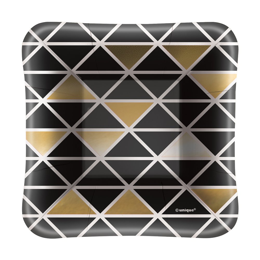 Unique Party 51284 51284-Foil Chic Black & Gold Geometric Appetiser Plates, Pack of 8, Black/Gold