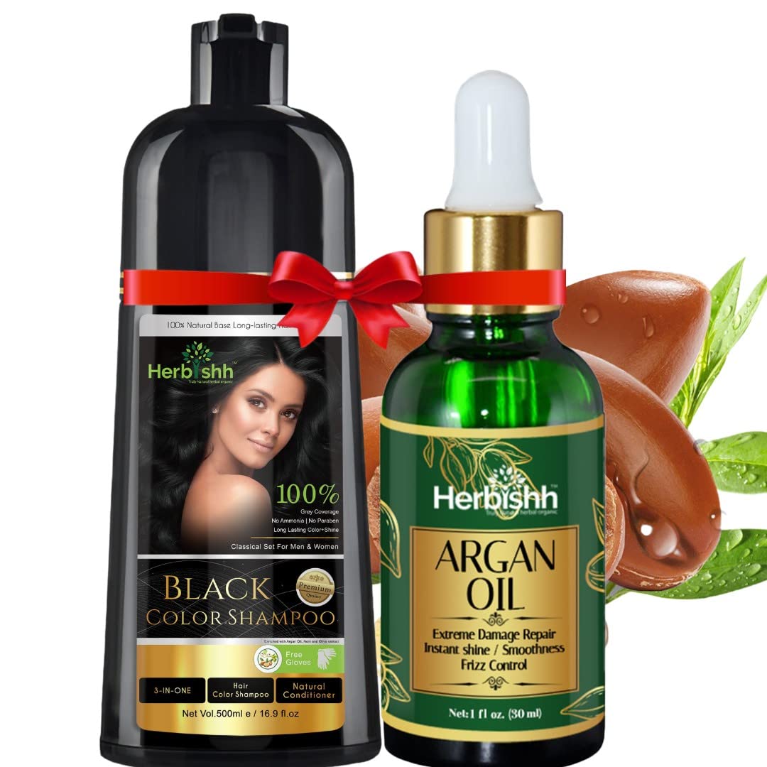Herbishh Combo Hair Color Shampoo for Gray Hair (Black) 500ml + Argan Hair Oil 30ml