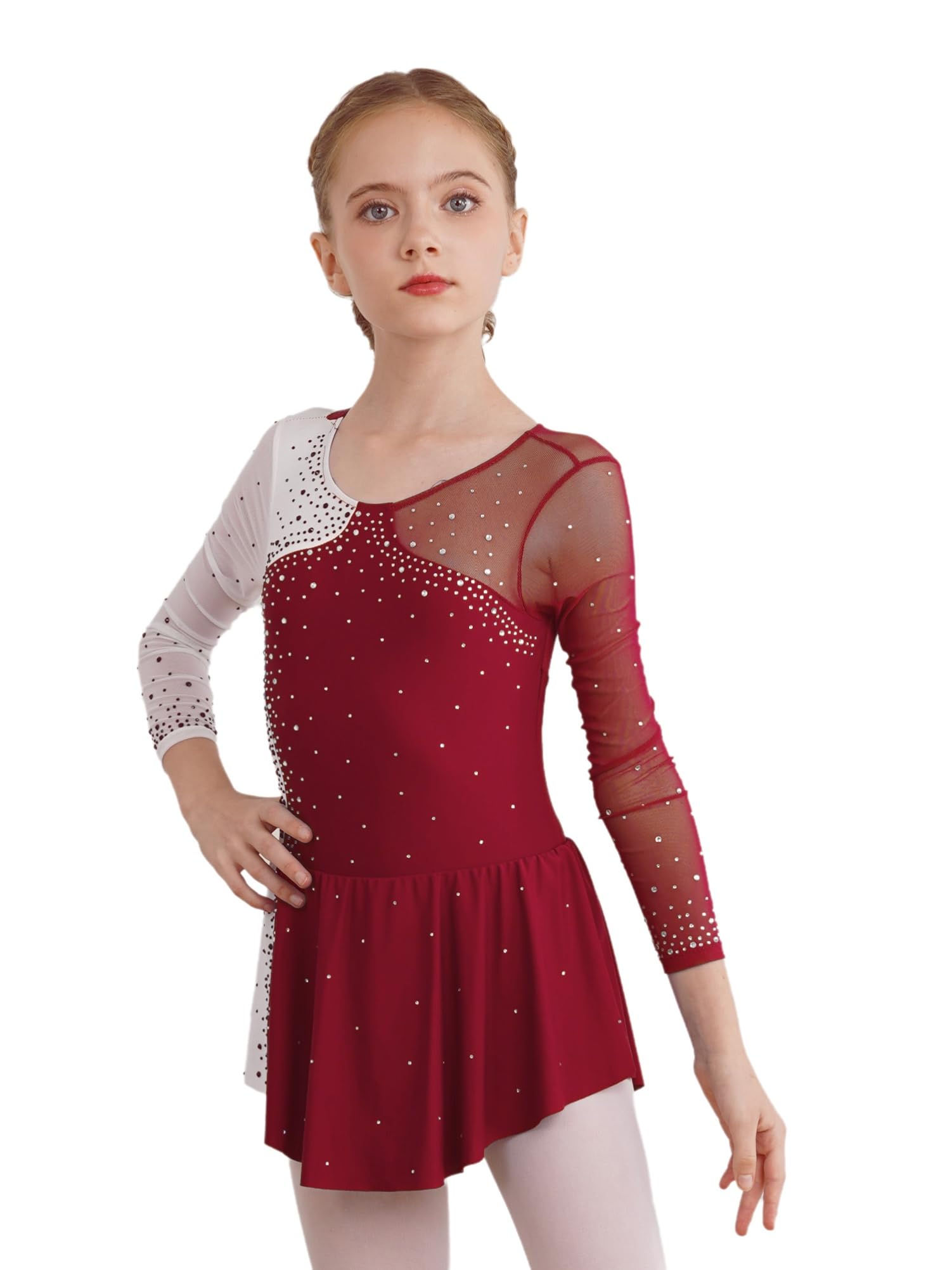 CHICTRY Girls Long Sleeve Sparkly Faux Diamonds Figure Ice Skating Ballet Contemporary Dance Dress