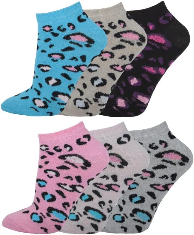 Ladies Trainer Socks 6 Pairs Womens Girls Leopard Design Shoe Liners Sportswear Adults 4-7, Multicoloured (LTS 01)