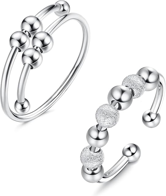 KALVICA 2 PCS Anxiety Rings 925 Sterling Silver Fidget Ring for Women Men Anxiety Adjustable Spinner Ring Open Bead Thumb Rings Stress Relief Peace Rings