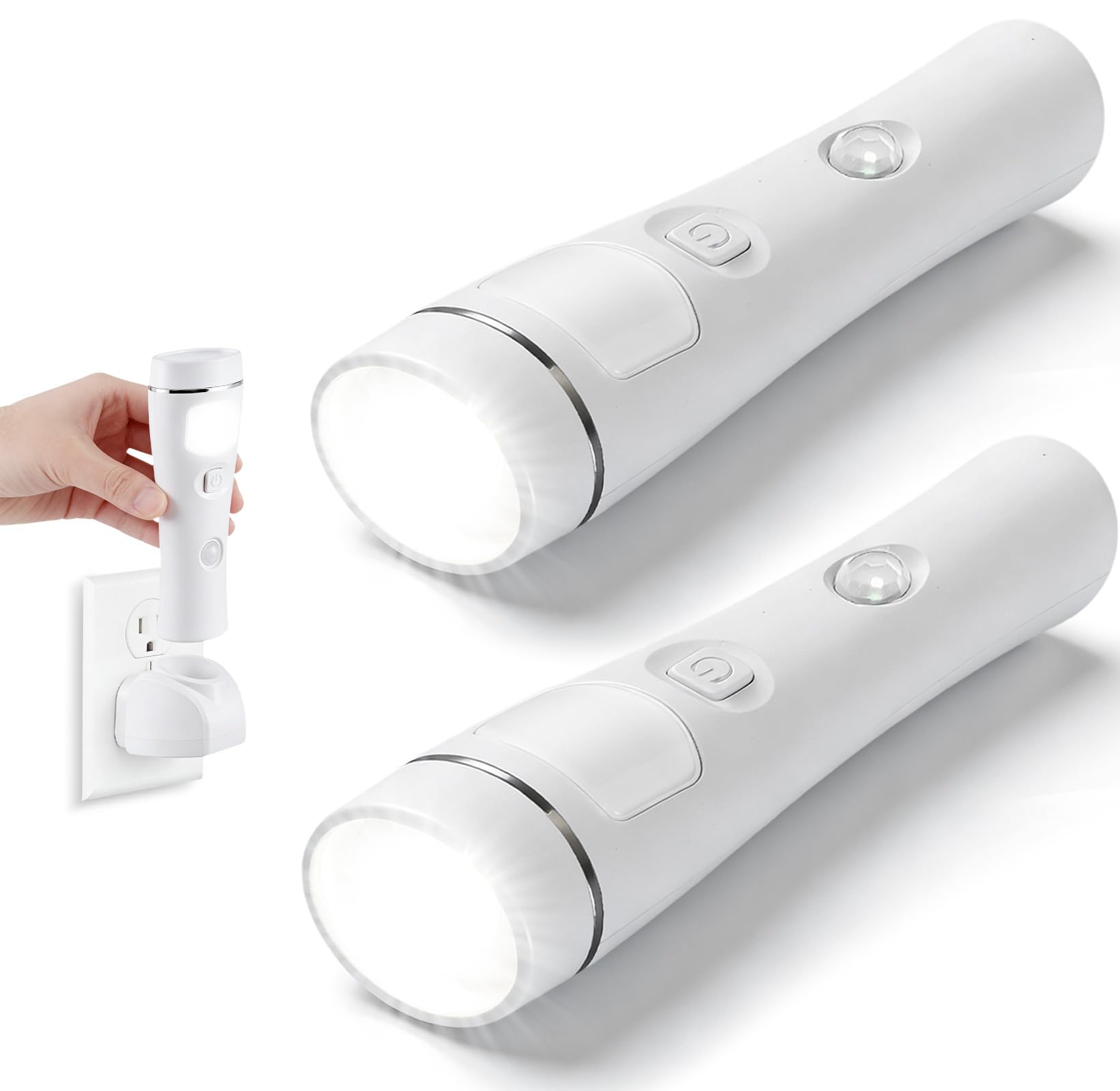 4-in-1 LED Wiederaufladbare Steckdosen-Taschenlampen, 2er-Pack LED Notlichter für Stromausfall im Haushalt, Steckdosen-Notfallleuchte, Stromausfall-Lampe mit Bewegungssensor