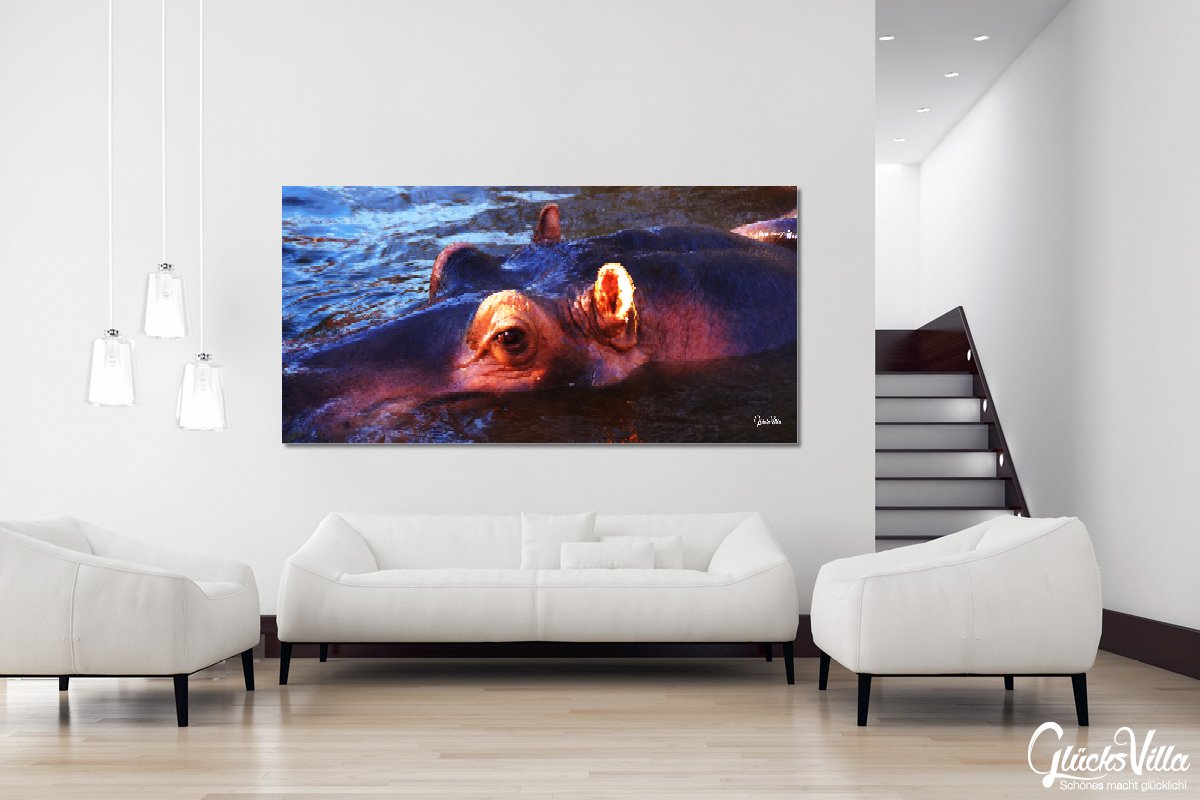 Glücksvilla - Nilpferd 1 (Leinwand-Bild 2 cm, 80 x 40 cm) | div. Maße - aus DE - Kunstdruck Deko Wandbild quer - Wildnis Afrika Natur Tier Hippo