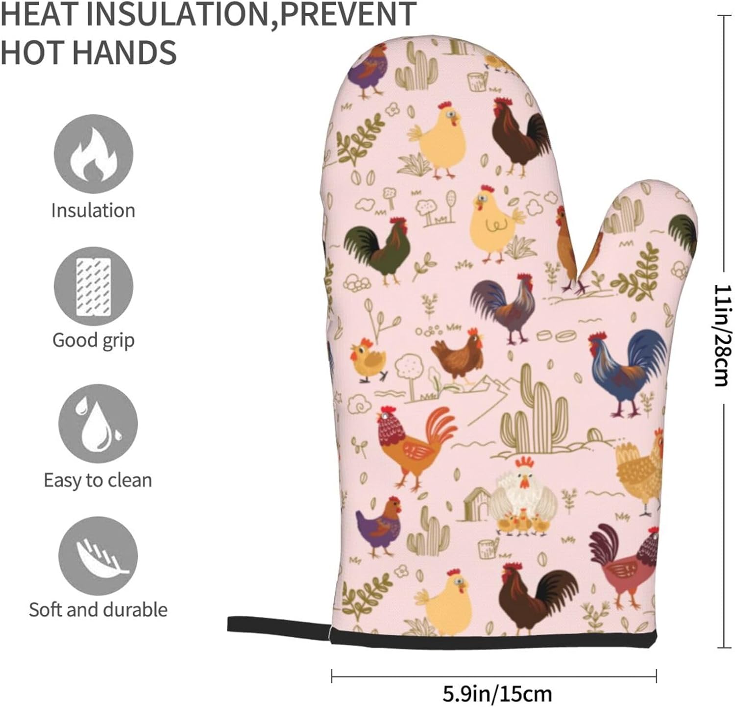 Chicken Pattern Oven Mitts of 2-Pack Set, Funny Kitchen Gloves Heat Resistant Non-Slip Kitchen Mitts Safe Cooking Baking Grilling - Image 3
