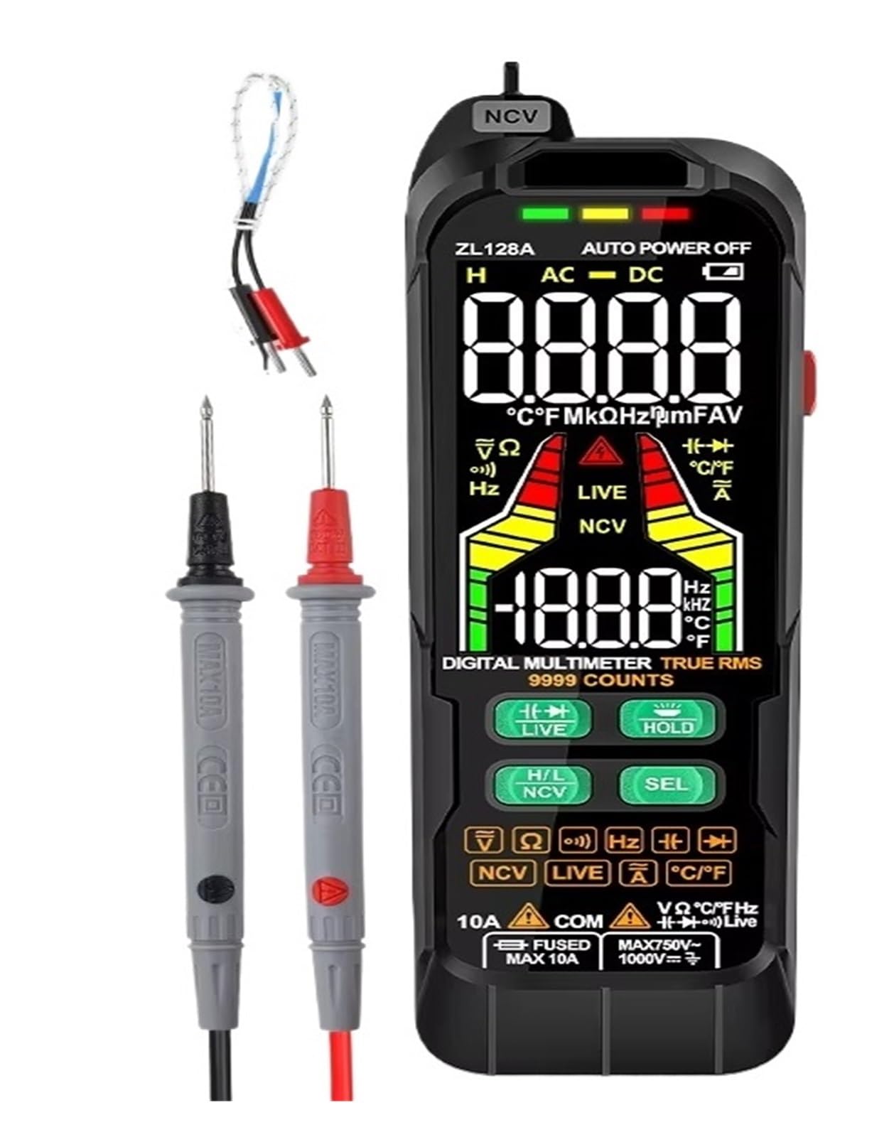 9999 Counts Multitester ZL128B Tester HFE Triode Square Wave Multimeter Voltmeter Meter 10A Current Multimeters Test Tools(ZL128A)