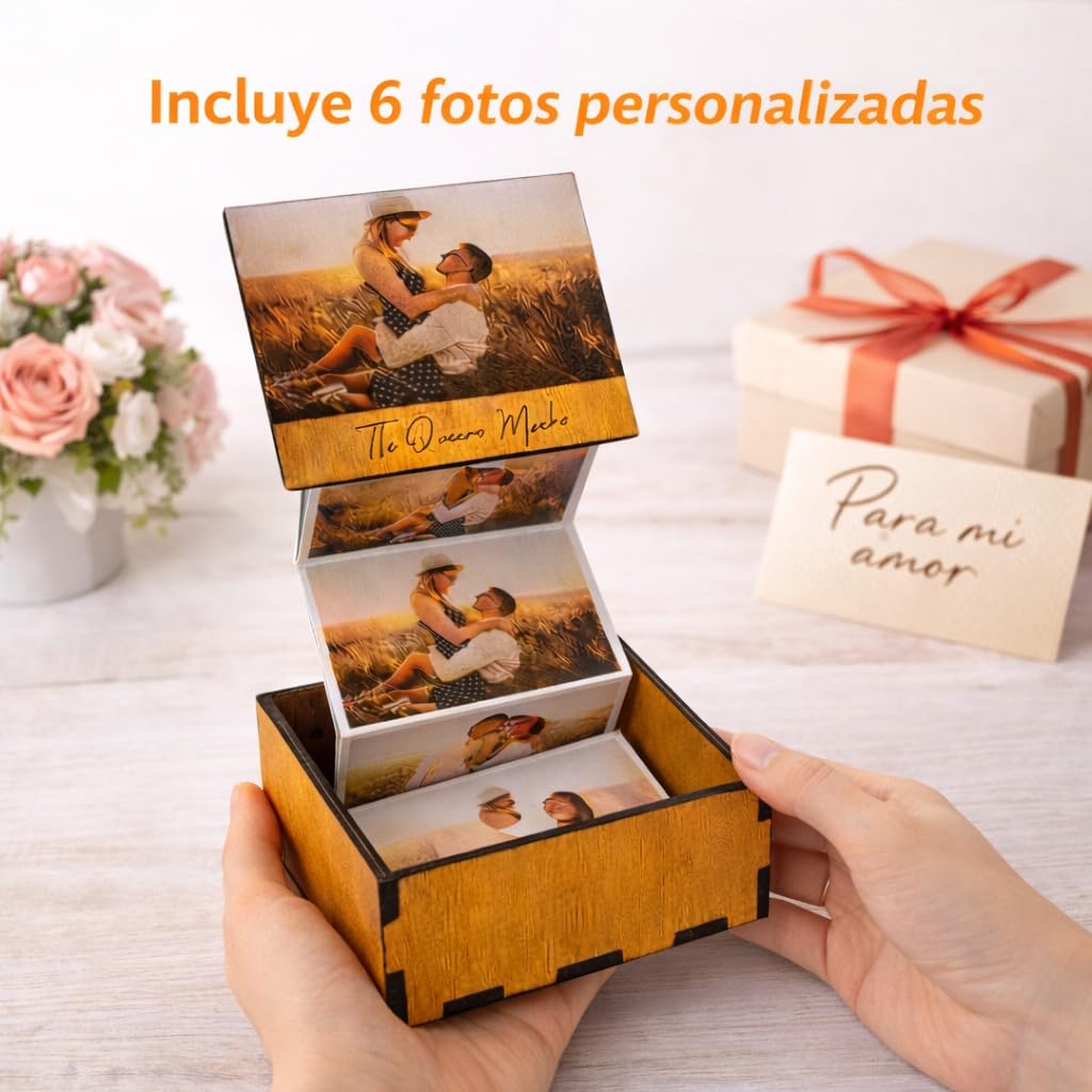 Caja de Fotos Desplegable de Madera con 6 Fotos Personalizadas - Regalo Original para Parejas, Hombres o Mujeres
