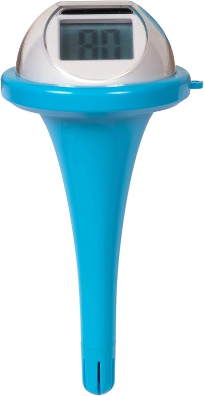 Solar Digital Floating Pool & Spa Thermometer | Dual LCD Display | Solar-powered operation displays temperatures in Fahrenheit and Celsius, with a blue finish for pool or spa use.