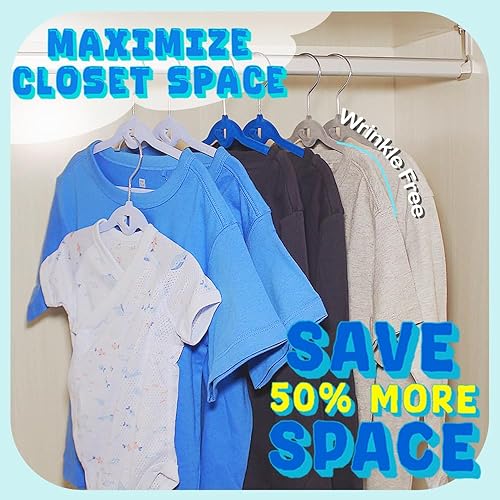 Miniatura 5 de Paquete de 30 perchas de terciopelo para niños, antideslizantes que ahorran espacio con mini ganchos en cascada, multicolor (azul marino, azul claro