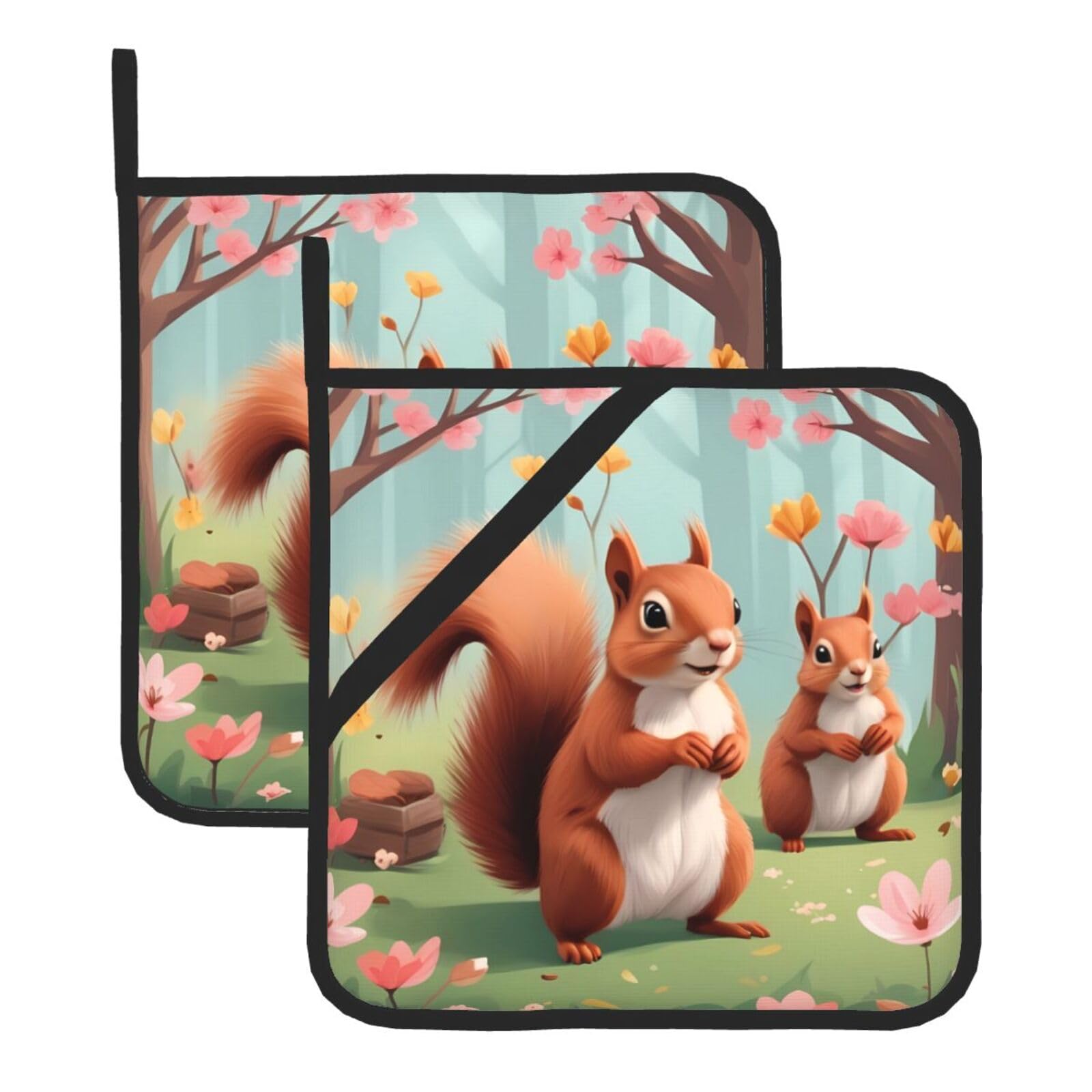 HJFCZH Squirrels in Spring Printed Square Insulated Pot Mat Set (2-Piece) 8x8in Waterproof, Thickened & Easy to Clean with Lanyard Design for Kitchen, Oven & BBQ