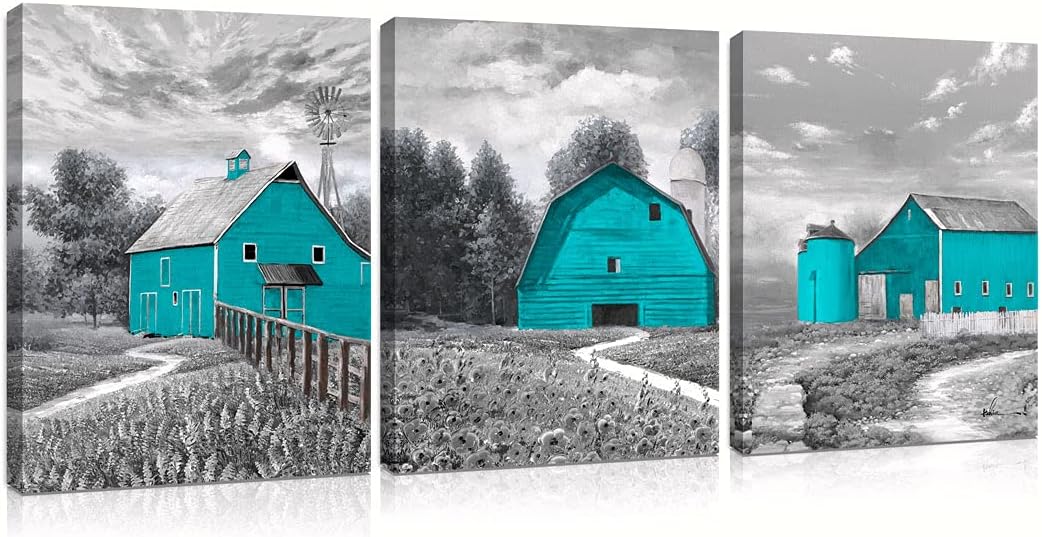 B BLINGBLING Teal Farmhouse Canvas Wall Art Painting Barn Landscape Picture Pottery Poster Black and White Giclee Print Artwork Wall Decor for Home Bedroom Kitchen Ready to Hang 12