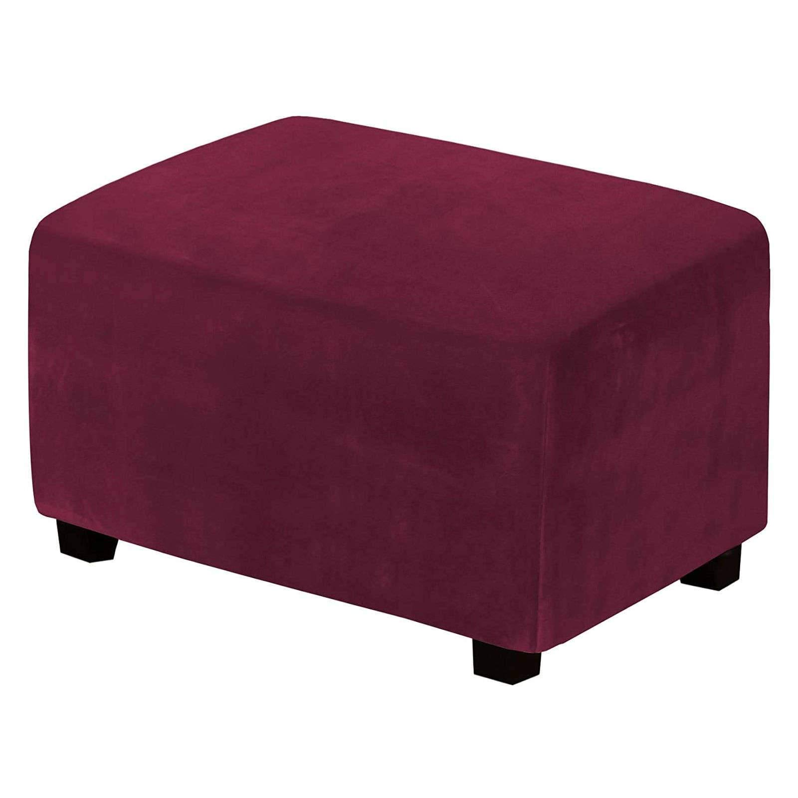 JHLD Velvet Ottoman Cover, Solid Color Stretch Ottoman Cover Rectangle Ottoman Slipcover With Stretch Bottom For Living Room-Red wine-Large