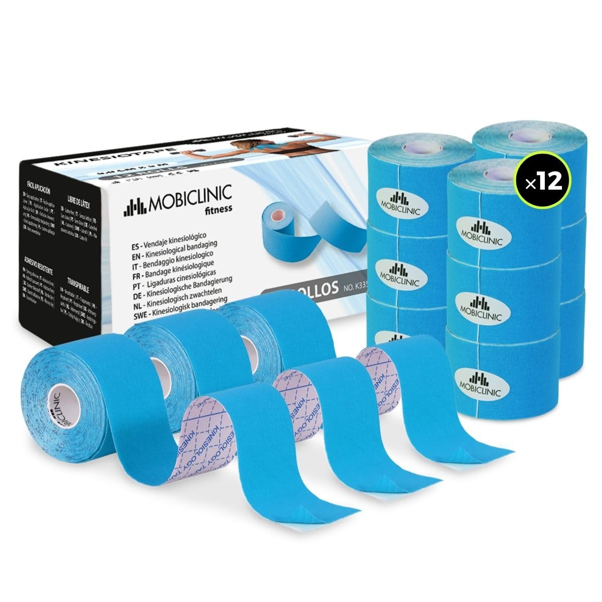 Mobiclinic®, 12 Rolls Kinesiology Tape, Neurological Adhesive Tape, Rolls of 5m x 5cm, Sports Tape, Muscle Relaxation, Kinesiological Bandage, Face Tape, Blue