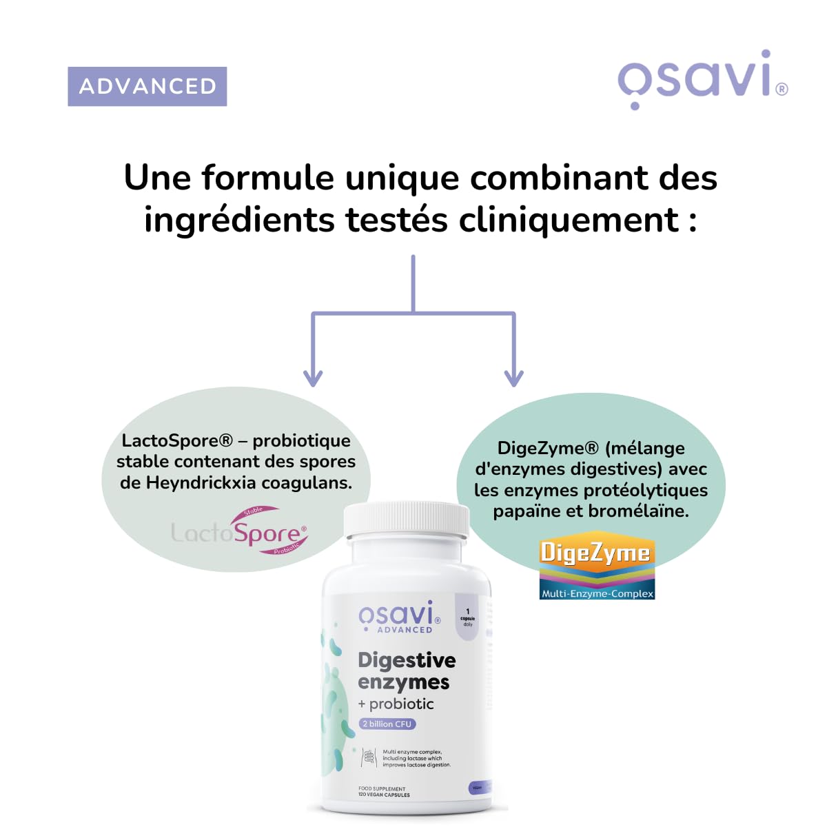 Osavi Enzymes Digestives + Probiotique – 120 Gélules Végétales | DigeZyme® + LactoSpore® | 7 enzymes digestives avec papaïne & bromélaïne | Ingrédients validés cliniquement | Clean Label