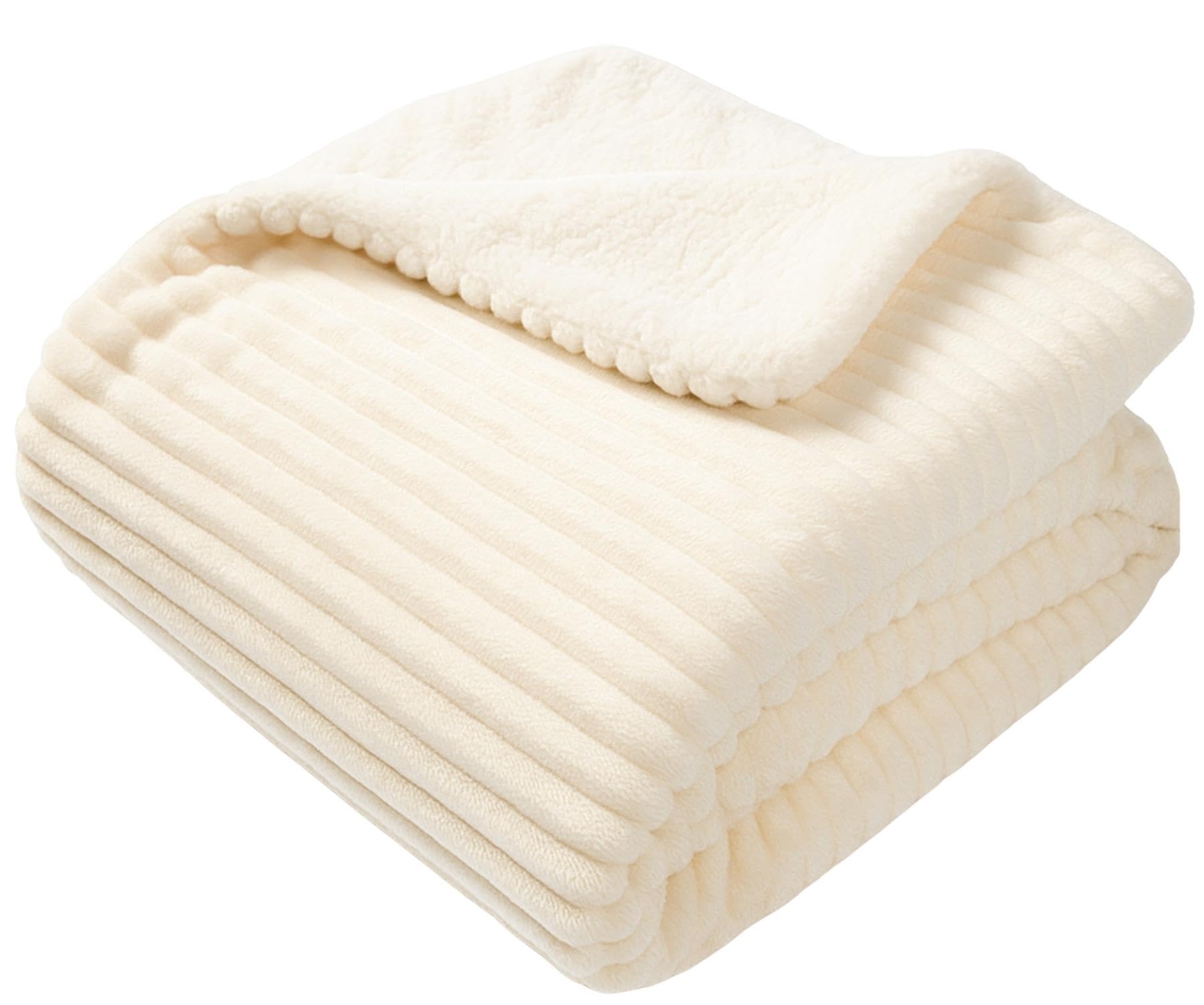Adore Home Ribbed Fleece Throw 130x160cm with Sherpa Reverse - Reversible Ultra Soft Cosy Blanket - Cream
