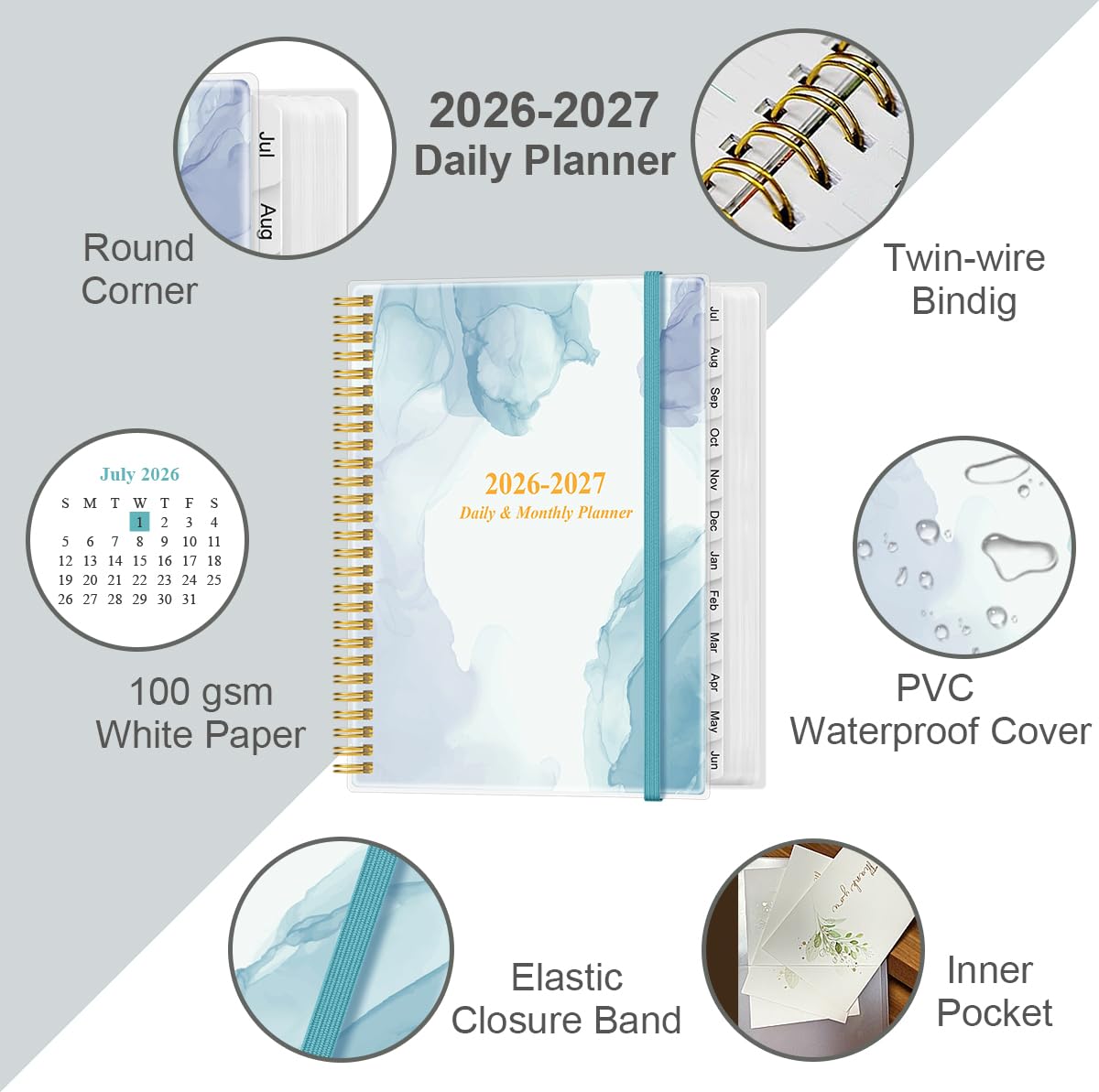 Agenda giornaliera e mensile 2025, una pagina per giorno, da gennaio 2025 a dicembre 2025, planner 2025 con copertina flessibile, linguette 12 mesi, tasca interna, 21,6 x 27,9 cm, blu